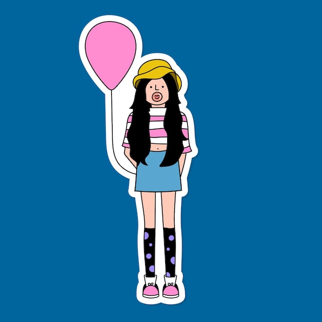 Free vector fashionable black haired girl with a pink balloon sticker with a white border vector