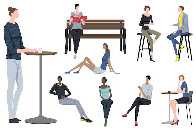 Fashionable people taking a break in different poses. vector flat illustration set.