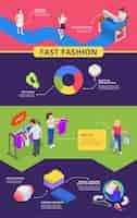 Free vector fast fashion problems isometric infographics with icons of raw material overproduction pollution sale and customer characters vector illustration