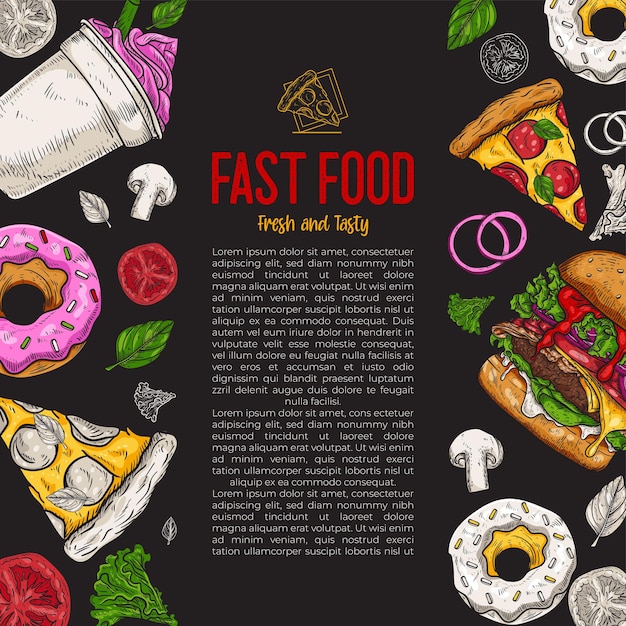 Vettore gratuito sfondo fast food grafica lineare collezione di snack cibo spazzatura illustrazione vista dall'alto incisa illustrazione vettoriale