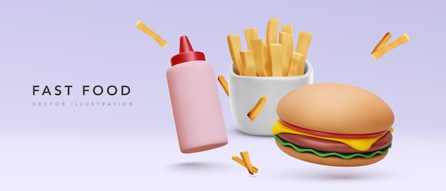 Free vector fast food banner with 3d burger french fries isolated on gradient background vector illustration