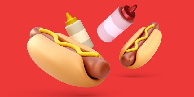 Fast food banner with 3d flying hotdogs with ketchup and mustard isolated on red background Vector illustration