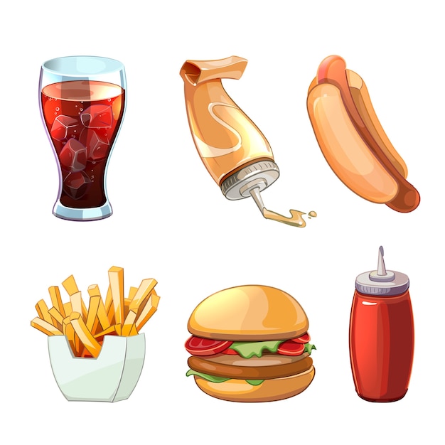 無料ベクター ファーストフードの漫画のクリップアートセット。ホットドッグとハンバーガー、飲み物、ハンバーガー、サンドイッチスナック