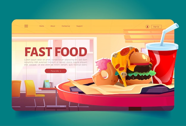 Vettore gratuito pagina di destinazione dei cartoni animati di fast food, hamburger di pasti spazzatura, fetta di pizza, ciambella e cola in tazza rossa stand su vassoio di plastica nel ristorante fastfood da asporto, bar o bistrot interni, menu combo banner web vettoriale