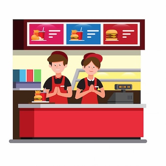 ファーストフードのレジカウンター、男と女は漫画フラットイラストのハンバーガーレストランで均一な仕事を着る Premiumベクター