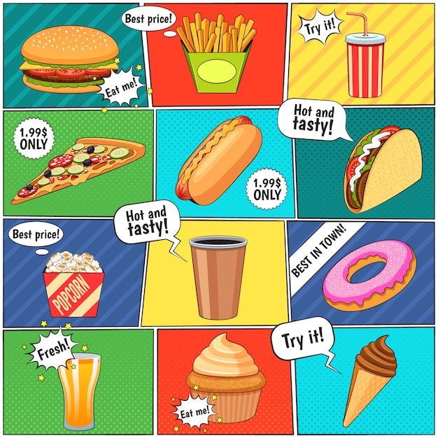 Free vector fast food comic panels composition page with speech balloons and colorful backgrounds