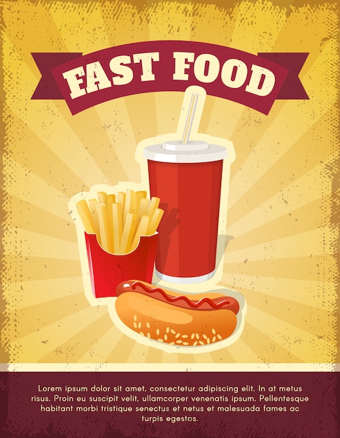 Бесплатное векторное изображение Шаблон постера «фастфуд» с картофелем фри, газировкой и хот-догом