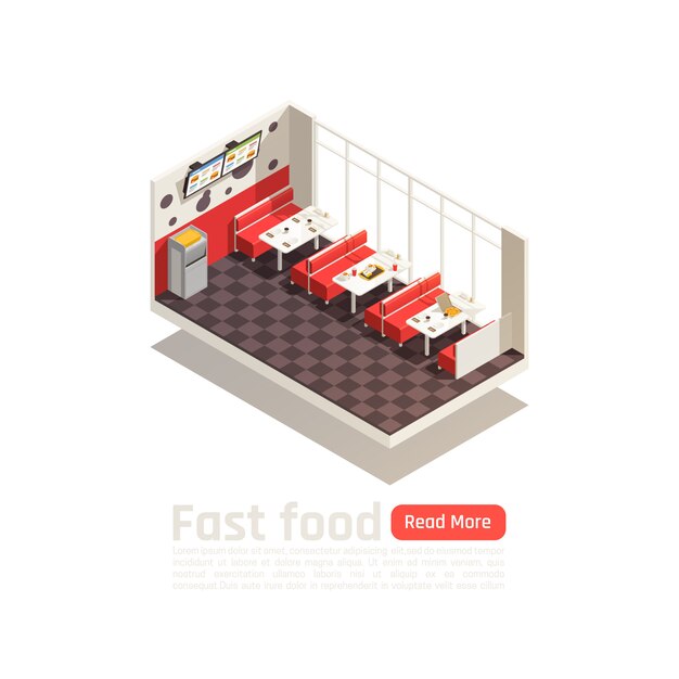 Fast food cozy eatery interior isometric poster with tables chairs and menu monitors