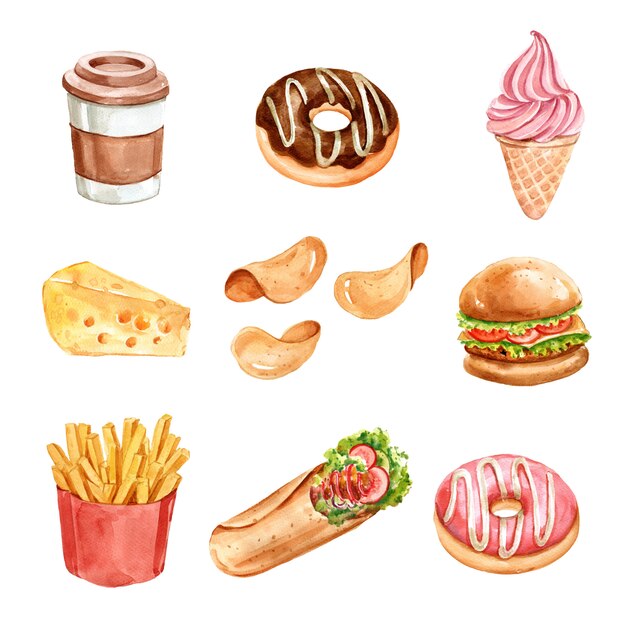 Fast food element design with watercolor