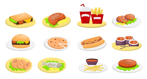 Vettore gratuito icone fast food hamburger pizza salsicce snack sandwich cibo menu vettore piatto illustrazione vettoriale