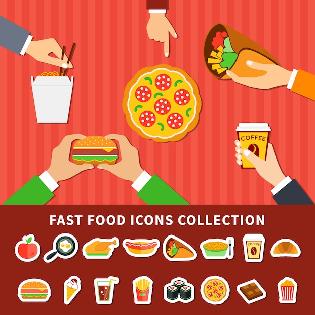 Vettore gratuito icone di fast food mani piatte banner