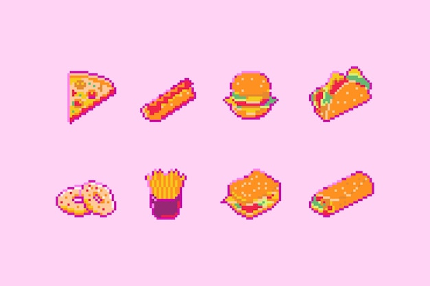 Free vector fast food icons in pixel art