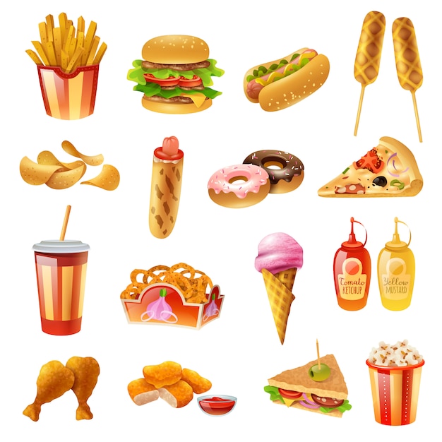 Vettore gratuito icone variopinte del menu del fast food messe
