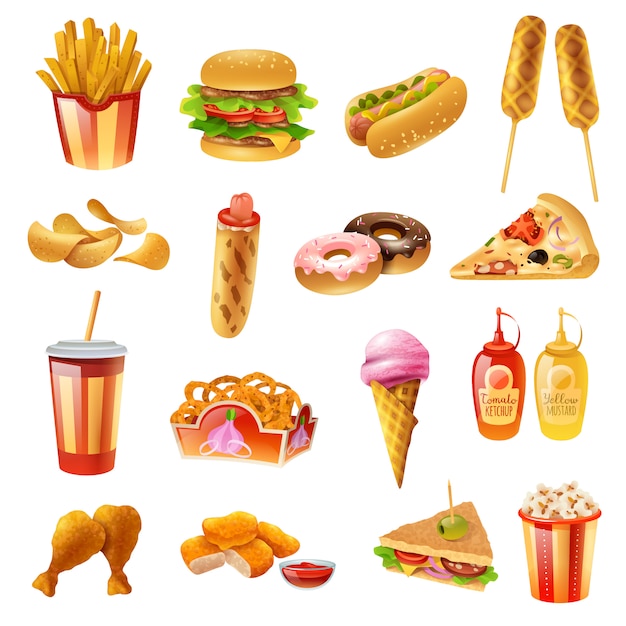 Fast food menu colorful icons set