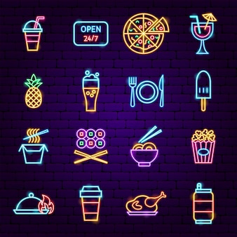 Неоновые иконки меню быстрого питания. векторная иллюстрация продвижения уличного ресторана.
