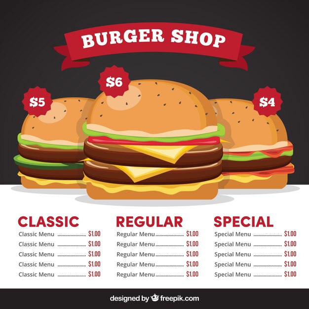 Fast food menu with three delicious burgers