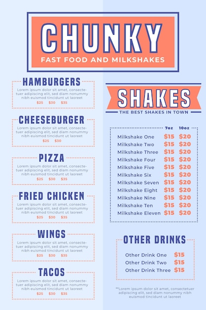 Fast food and milkshakes digital menu