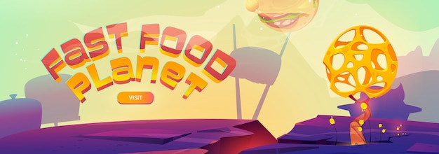 Fast food planet cartoon banner with burger sphere over alien landscape