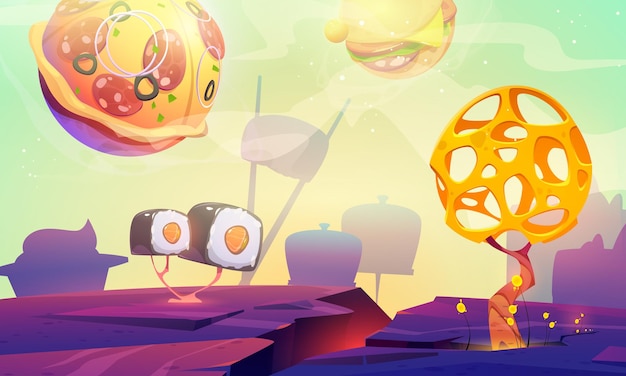 Fast food planet cartoon with pizza burger spheres and sushi over alien landscape with bizarre tree