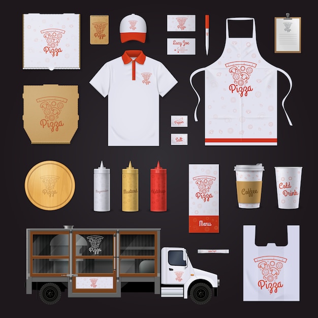 Шаблон фирменного стиля ресторана фаст-фуд с пиццей ингредиенты красный контур образцы на черном