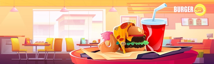 무료 Vector 패스트 푸드 레스토랑 인테리어입니다. 카페의 쟁반에 버거, 피자, 도넛, 음료. 카운터, 메뉴, 테이블 및 의자가 있는 빈 패스트푸드 매점의 벡터 만화 그림
