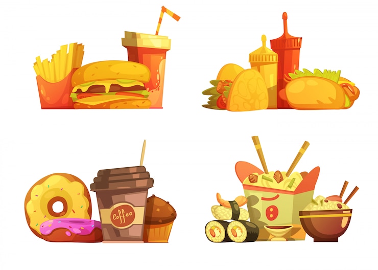 무료 Vector 타코와 스시 만화 패스트 푸드 레스토랑 식사 메뉴 4 샘플 광장 조성
