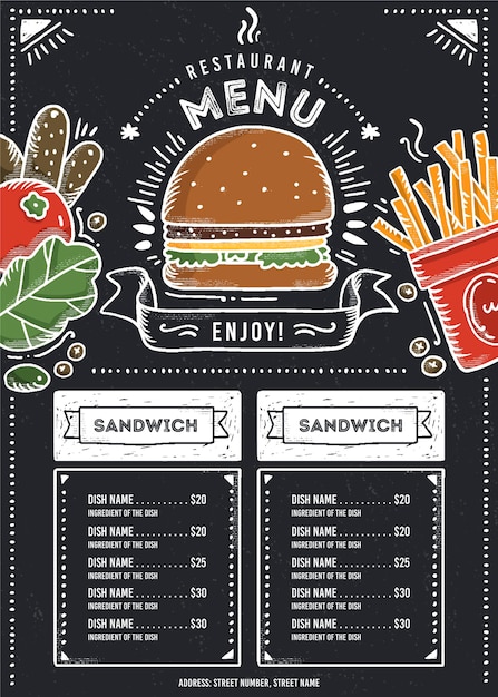 Formato verticale del menu del ristorante fast food