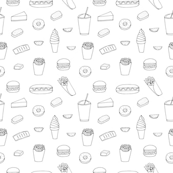 Fast food seamless pattern vector illustration, hand drawing doodles