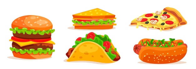 흰색으로 분리된 더블 치즈버거 핫도그와 피자 샌드위치 타코가 포함된 맛있는 테이크아웃 패스트푸드 스낵 컬렉션이 있는 거리 카페 또는 레스토랑 메뉴를 위한 패스트푸드 세트