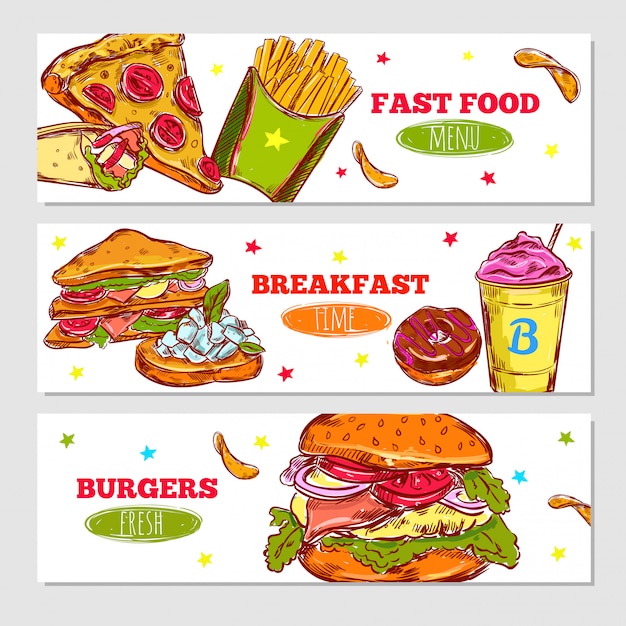 Бесплатное векторное изображение Горизонтальные баннеры эскиза быстрого питания