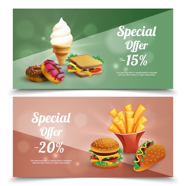 Fast food special offer horizontal banners set with burgers french fries ice cream donuts sandwich cartoon isolated vector illustration