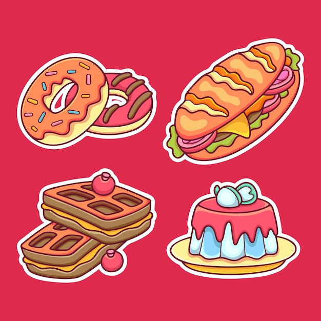 Fast Food Sticker Icons Hand Drawn Coloring Vector