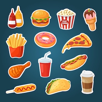 Fast food stickers burger popcorn fries hot dog ketchup drinks chicken donut tacos ice-cream