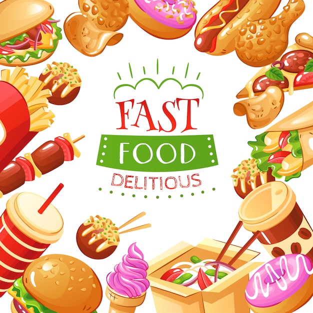 Fast food with burgers hot dogs drinks french fries pizza and desserts illustration