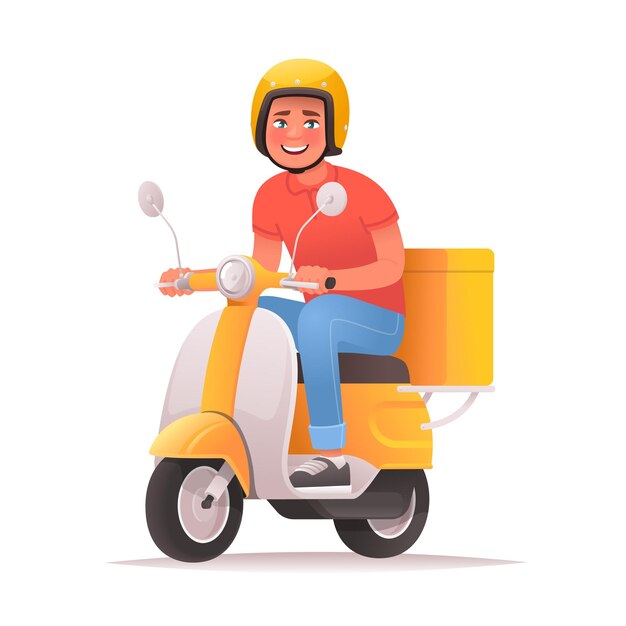 Fast and free delivery cheerful courier rides a scooter and carries pizza food service