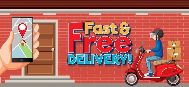 Fast and free delivery logo with bike man or courier in the city