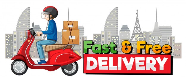 Fast and free delivery logo with bike man or courier riding in the city