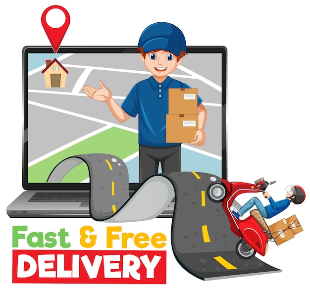 Fast and free delivery logo with bike man and courier