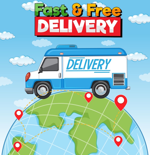 Fast and free delivery logo with delivery truck on the earth