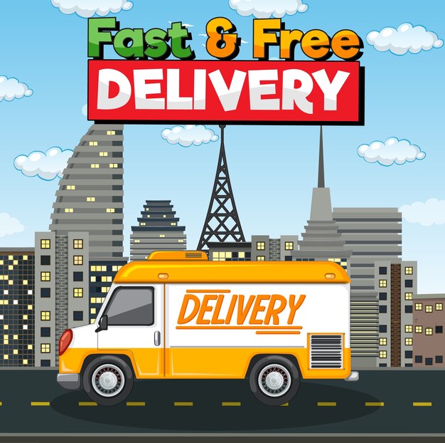 Fast and free delivery logo with delivery van or truck in the city