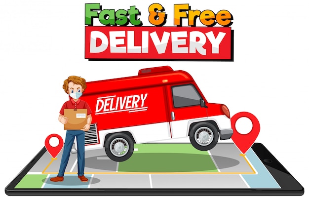 Logo di consegna veloce e gratuito con furgone o camion
