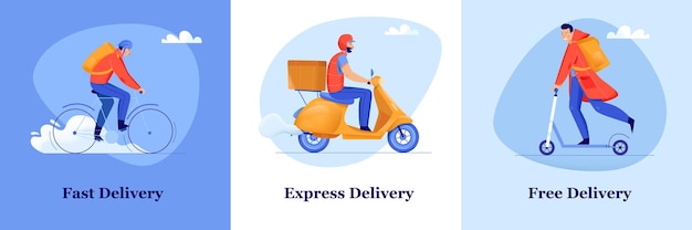 Fast and free delivery service flat design concept with men delivering packages by bike motorbike and scooter isolated