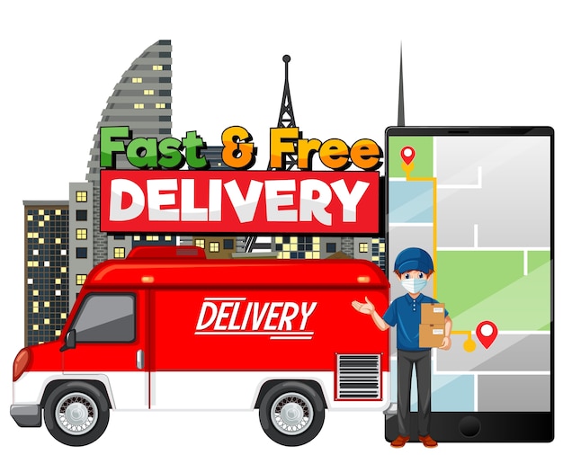 Fast and free delivery van with delivery man Free Vector