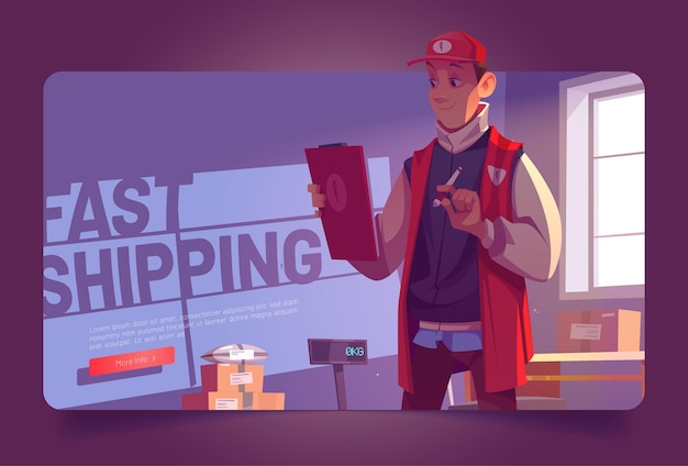 Fast shipping poster with man in warehouse