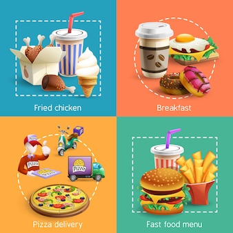 Fastfood 4 cartoon icons square composition