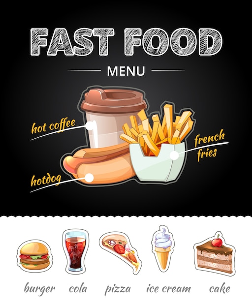 Free vector fastfood advertising on chalkboard. lunch cola and french fries, pizza and cup coffee, ice cream and cake.