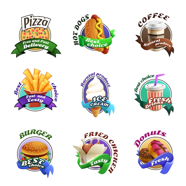 Free vector fastfood cartoon colorful emblems set