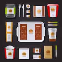 Free vector fastfood corporate identity with set of packaging and tray visit cards notepad