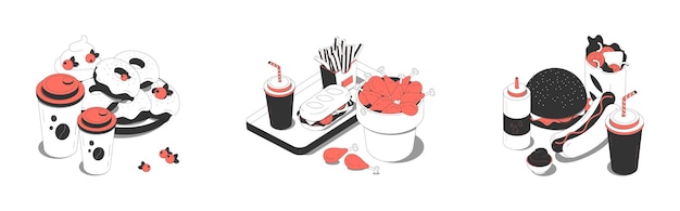 Fastfood lunch concept 3 isometric compositions with donuts soft drinks dessert hamburger hotdog french fries 