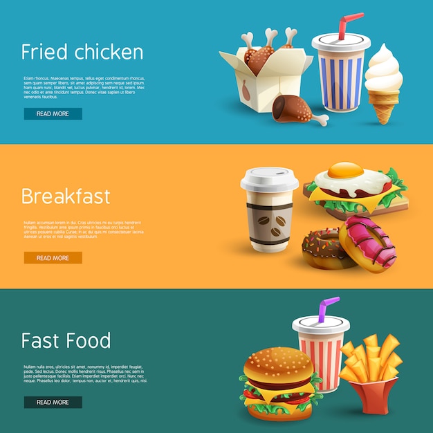 Free vector fastfood options pictograms 3 horizontal  banners